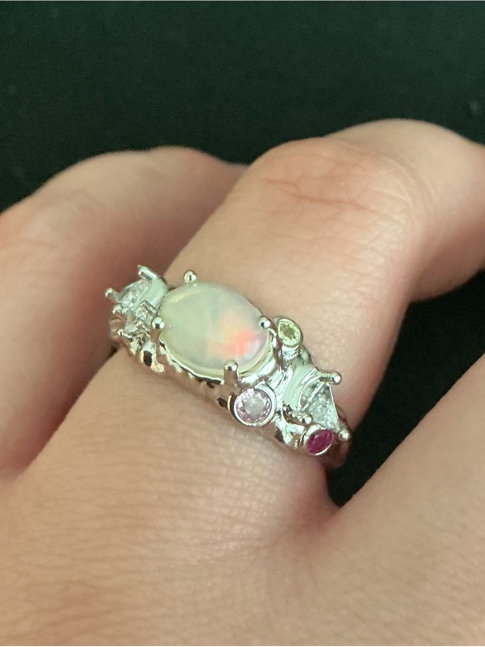 Natural Fire Opal Ring CZ Crystals Adjustable Sterling Silver Plated Ring